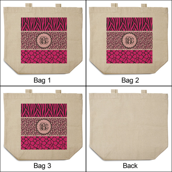 Triple Animal Print 3 Reusable Cotton Grocery Bags - Front & Back View
