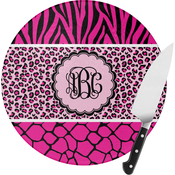 Custom Triple Animal Print Round Glass Cutting Board - Small (Personalized)