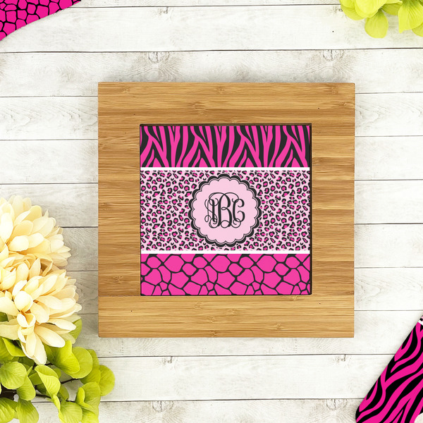 Triple Animal Print Bamboo Trivet with 6" Tile - LIFESTYLE