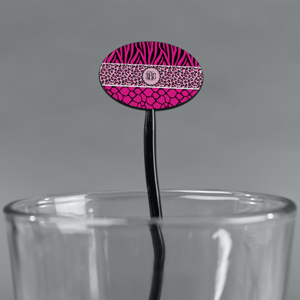 Triple Animal Print Black Plastic 7" Stir Stick - Oval - Main