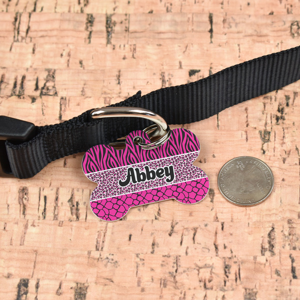 Triple Animal Print Bone Shaped Dog ID Tag - Large - In Context