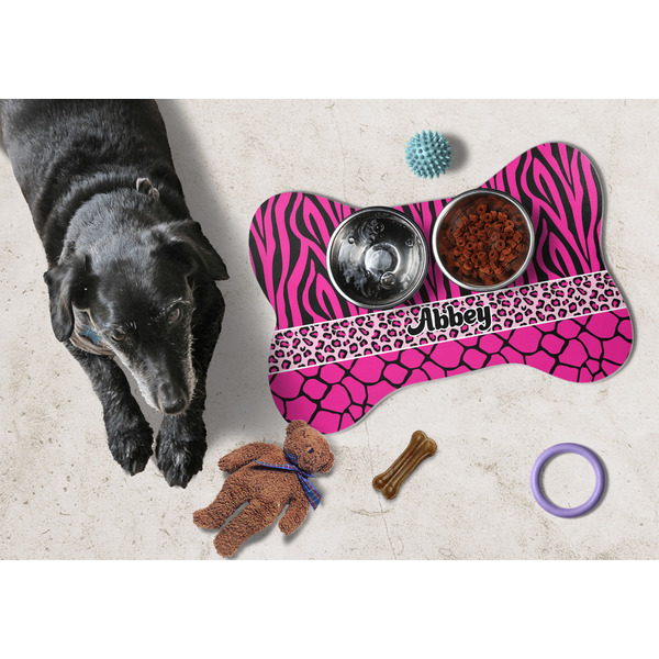 Triple Animal Print Bone Shaped Mat w/ Food & Water
