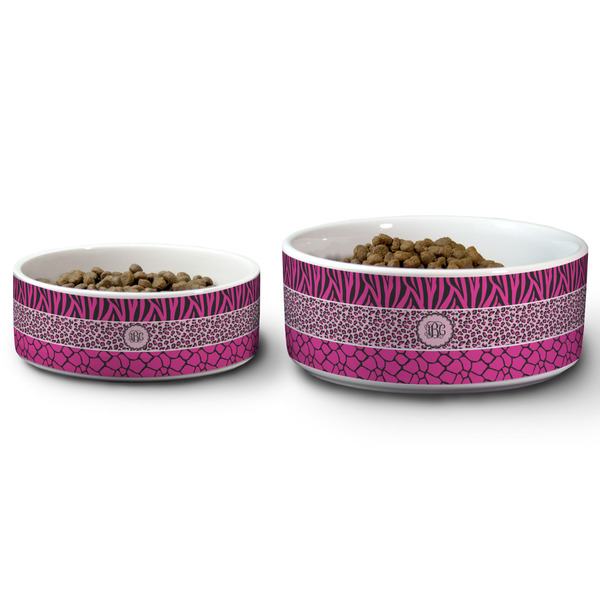 Triple Animal Print Ceramic Dog Bowls - Size Comparison