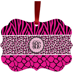 Triple Animal Print Metal Frame Ornament - Double Sided w/ Monogram