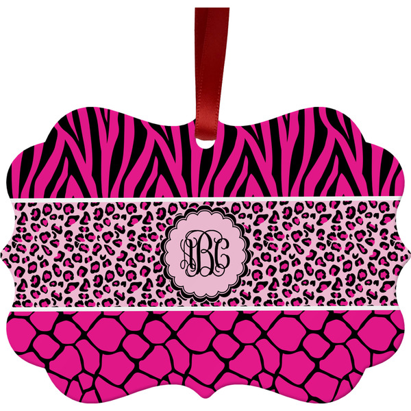 Custom Triple Animal Print Metal Frame Ornament - Double Sided w/ Monogram