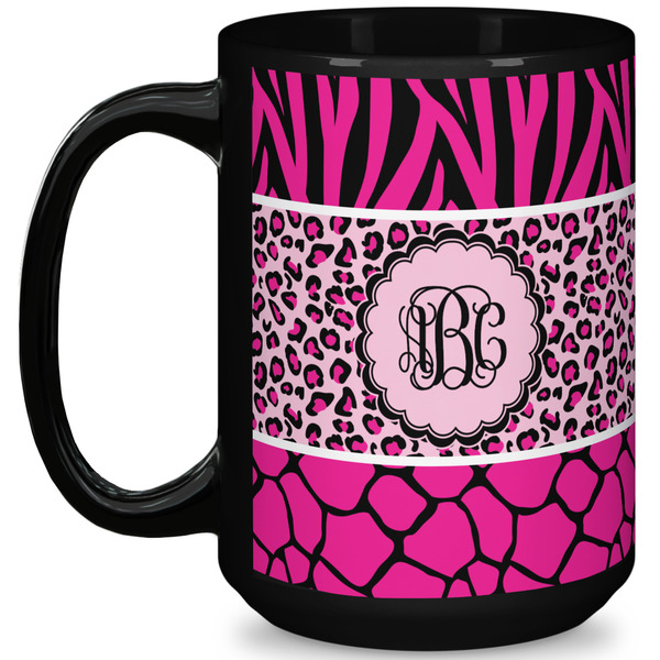 Custom Triple Animal Print 15 Oz Coffee Mug - Black (Personalized)