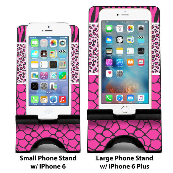 Triple Animal Print Compare Phone Stand Sizes - with iPhones