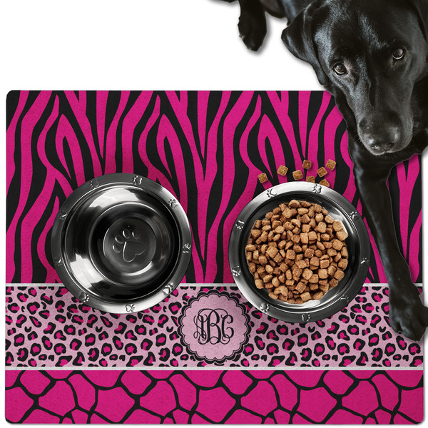 Custom Triple Animal Print Dog Food Mat - Large w/ Monogram