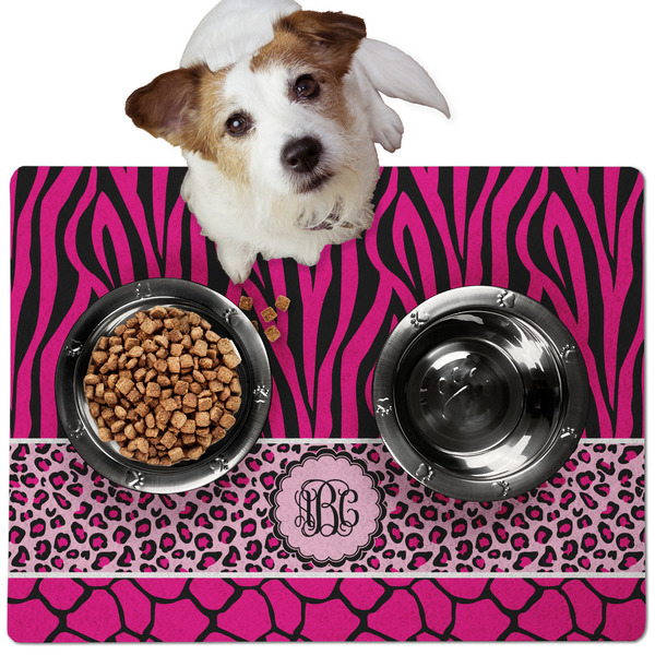 Custom Triple Animal Print Dog Food Mat - Medium w/ Monogram