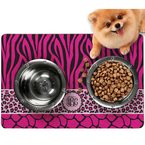 Custom Triple Animal Print Dog Food Mat - Small w/ Monogram