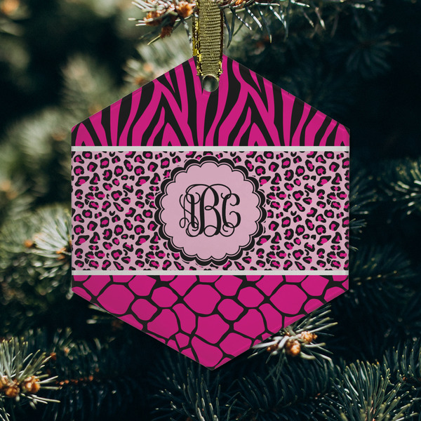 Triple Animal Print Frosted Glass Ornament - Hexagon (Lifestyle)