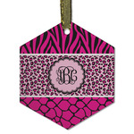 Triple Animal Print Flat Glass Ornament - Hexagon w/ Monogram