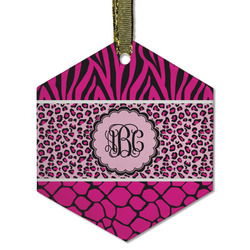 Triple Animal Print Flat Glass Ornament - Hexagon w/ Monogram