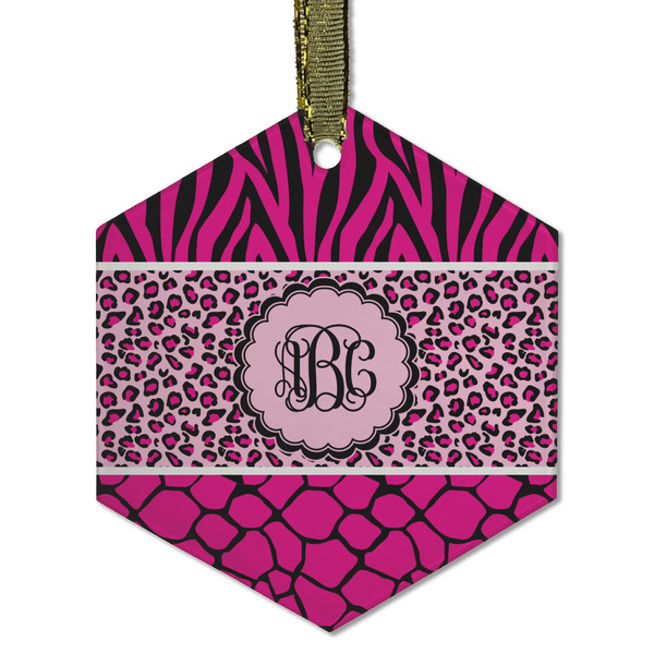 Triple Animal Print Frosted Glass Ornament - Hexagon