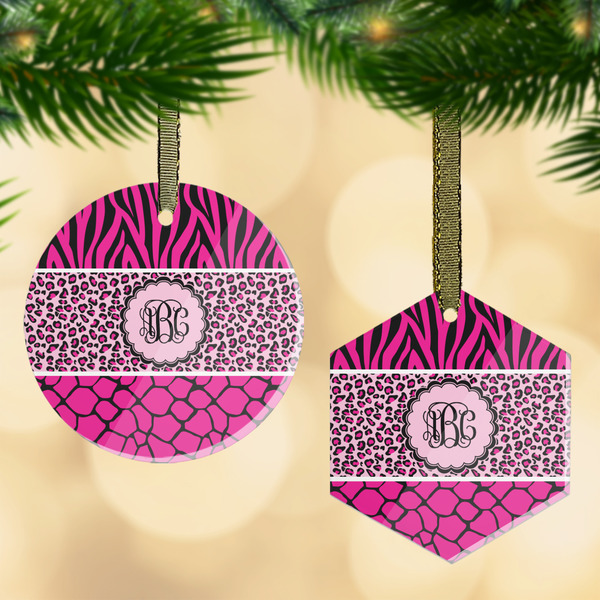 Custom Triple Animal Print Flat Glass Ornament w/ Monogram
