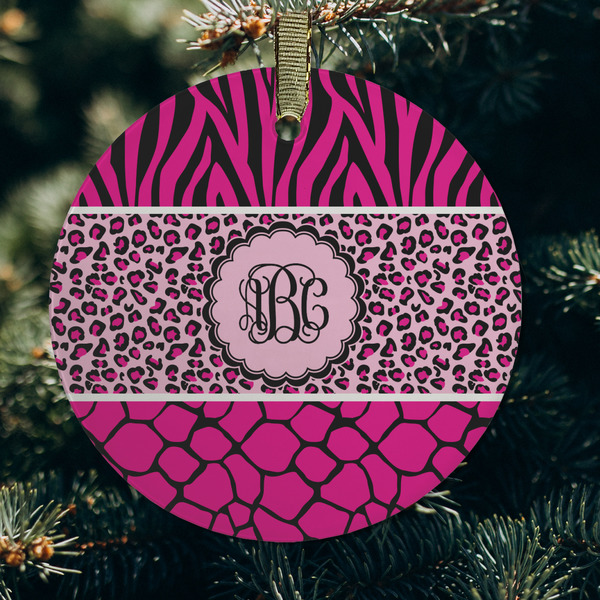 Triple Animal Print Frosted Glass Ornament - Round (Lifestyle)