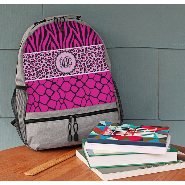 Triple Animal Print Large Backpack - Gray - On Desk