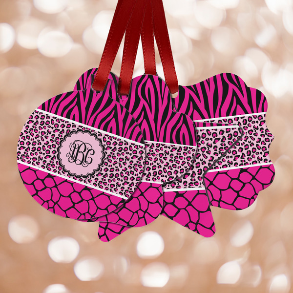 Custom Triple Animal Print Metal Ornaments - Double Sided w/ Monogram