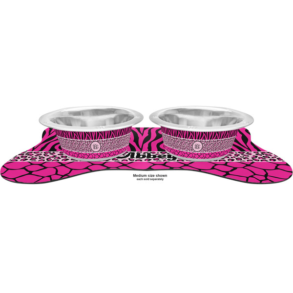 Triple Animal Print Metal Pet Bowls - On Dog Bone Shaped Mat