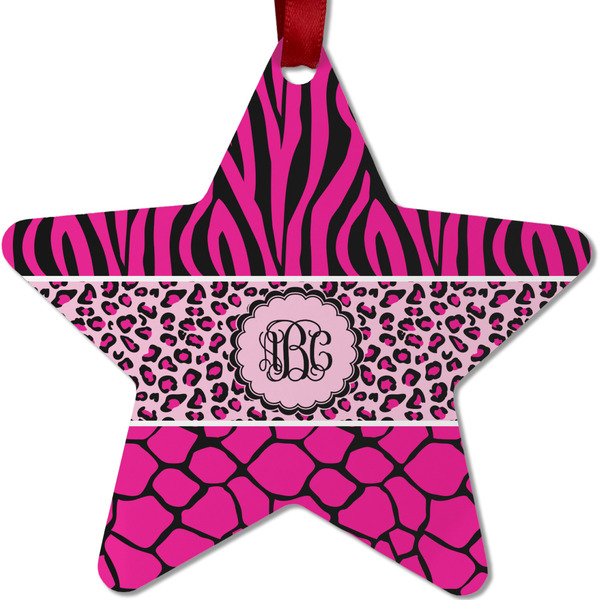 Custom Triple Animal Print Metal Star Ornament - Double Sided w/ Monogram