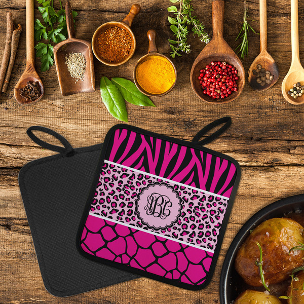 Triple Animal Print Neoprene Pot Holder - Set of 2  LIFESTYLE (Flatlay)