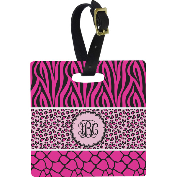 Custom Triple Animal Print Plastic Luggage Tag - Square w/ Monogram