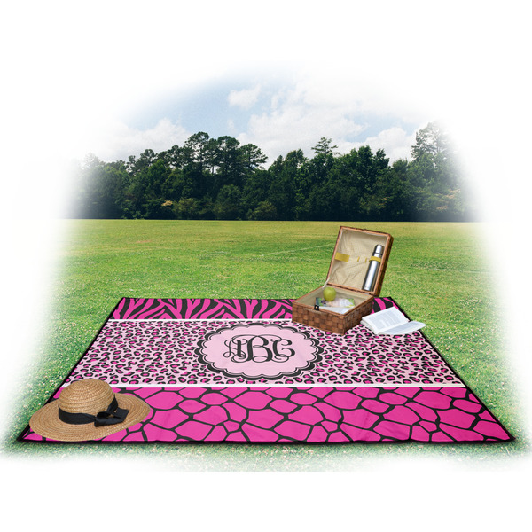 Triple Animal Print Picnic Blanket - with Basket Hat and Book - in Use