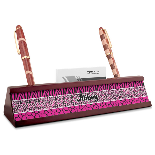 Custom Triple Animal Print Red Mahogany Nameplate with Business Card Holder (Personalized)