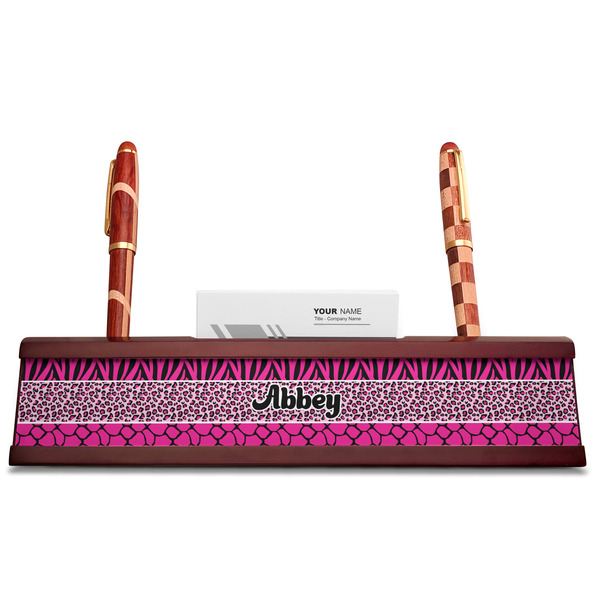 Triple Animal Print Red Mahogany Nameplates with Business Card Holder - Straight