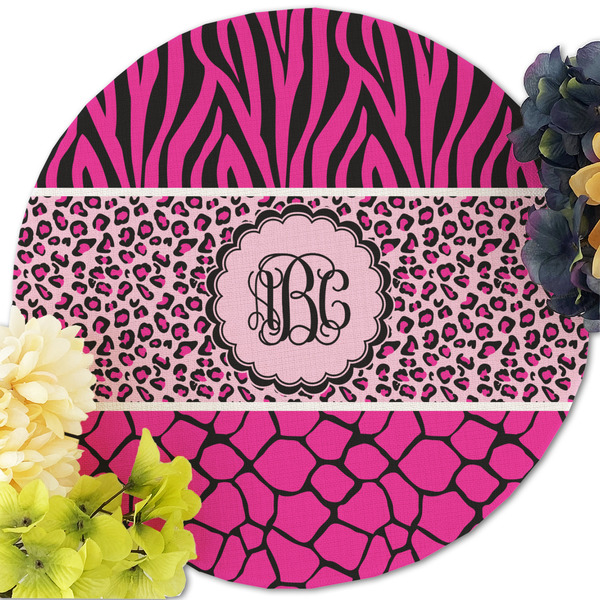 Triple Animal Print Round Linen Placemats - Front (w flowers)