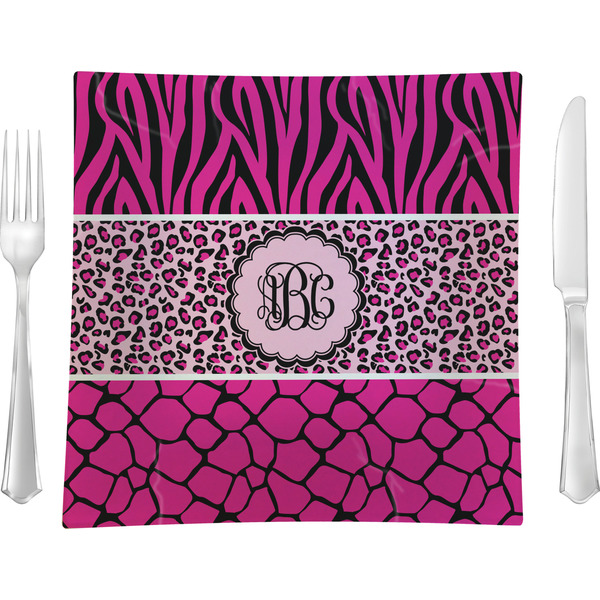 Custom Triple Animal Print 9.5" Glass Square Lunch / Dinner Plate- Single or Set of 4 (Personalized)