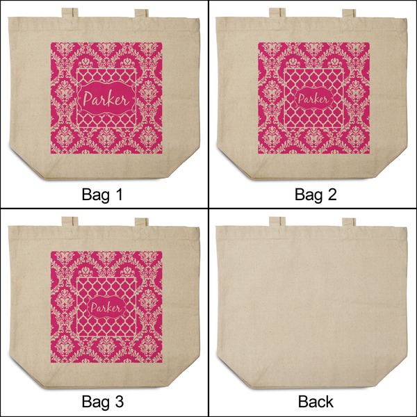 Moroccan & Damask 3 Reusable Cotton Grocery Bags - Front & Back View