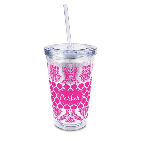Custom Moroccan & Damask 16oz Double Wall Acrylic Tumbler with Lid & Straw - Full Print (Personalized)