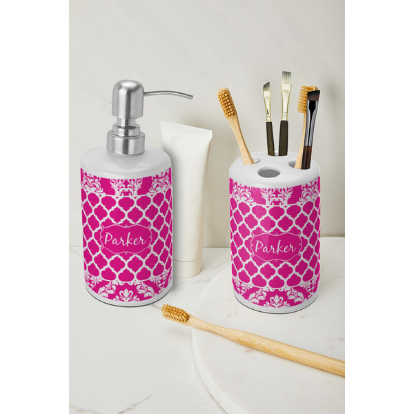 Moroccan & Damask Ceramic Bathroom Accessories - LIFESTYLE (toothbrush holder & soap dispenser)