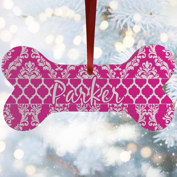 Custom Moroccan & Damask Ceramic Dog Ornament w/ Name or Text