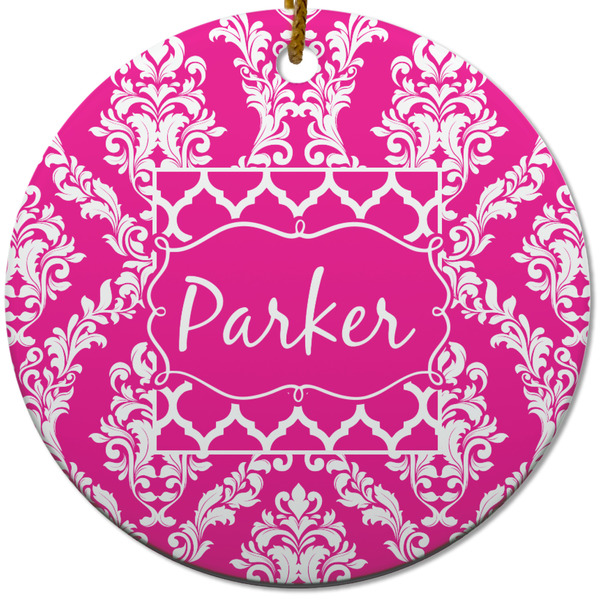 Custom Moroccan & Damask Round Ceramic Ornament w/ Name or Text