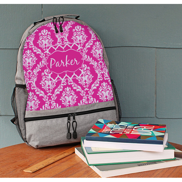 Moroccan & Damask Large Backpack - Gray - On Desk