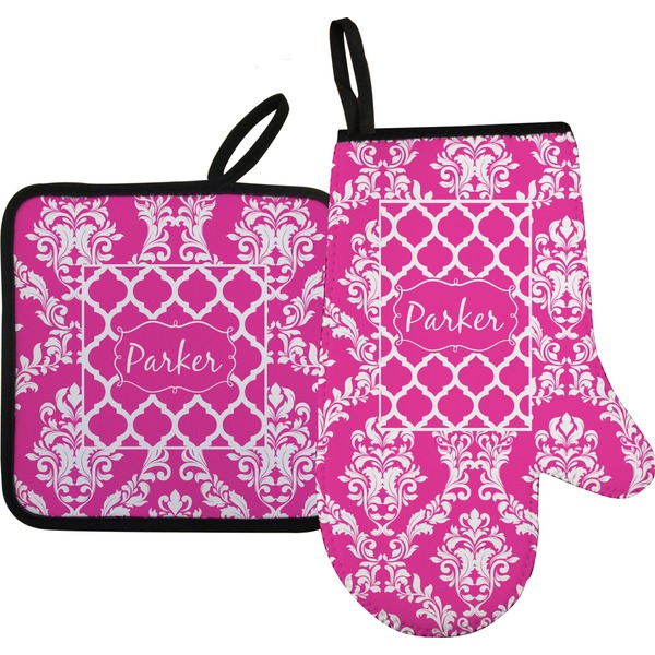 Custom Moroccan & Damask Right Oven Mitt & Pot Holder Set w/ Name or Text