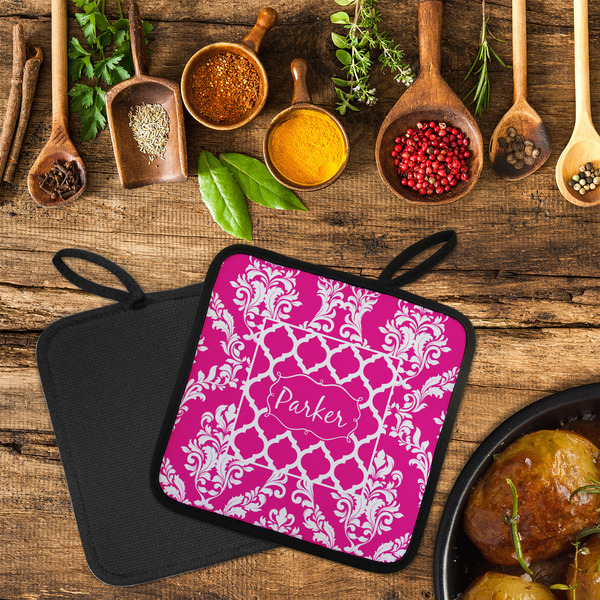 Moroccan & Damask Neoprene Pot Holder - Set of 2  LIFESTYLE (Flatlay)