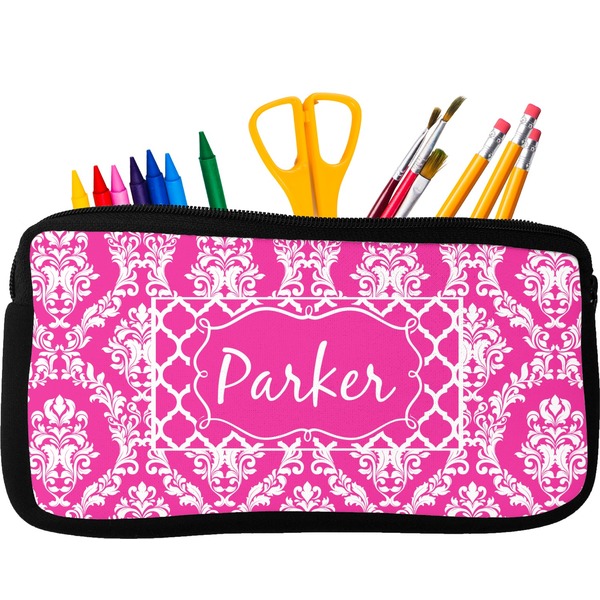 Custom Moroccan & Damask Neoprene Pencil Case - Small w/ Name or Text