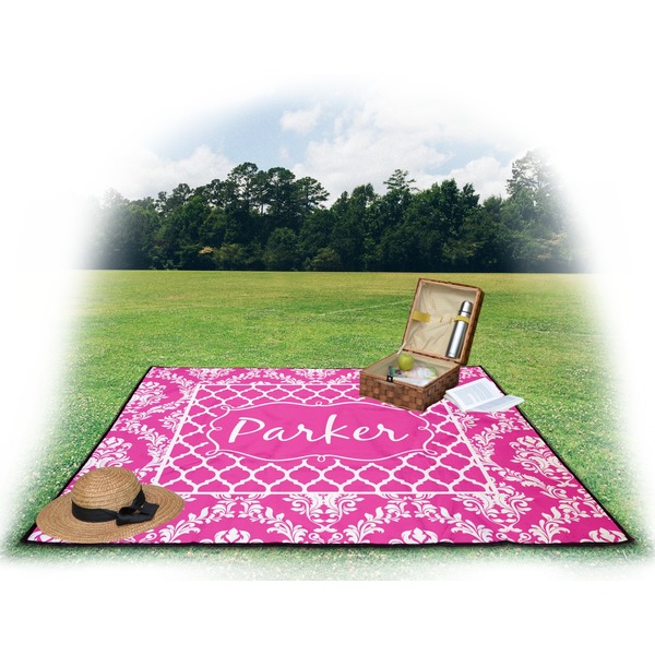 Moroccan & Damask Picnic Blanket - with Basket Hat and Book - in Use