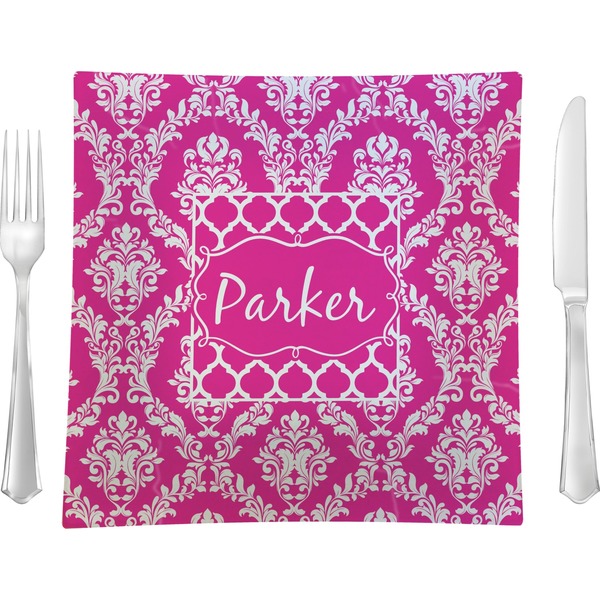 Custom Moroccan & Damask 9.5" Glass Square Lunch / Dinner Plate- Single or Set of 4 (Personalized)