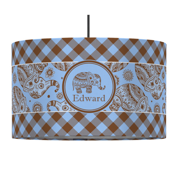 Custom Gingham & Elephants 12" Drum Pendant Lamp - Fabric (Personalized)