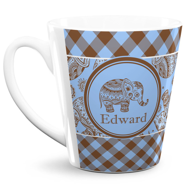 Custom Gingham & Elephants 12 Oz Latte Mug (Personalized)