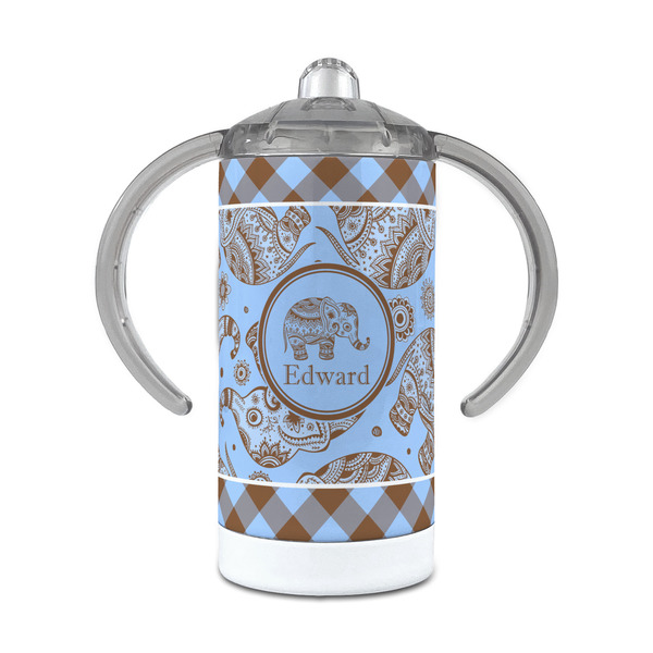 Custom Gingham & Elephants 12 oz Stainless Steel Sippy Cup (Personalized)