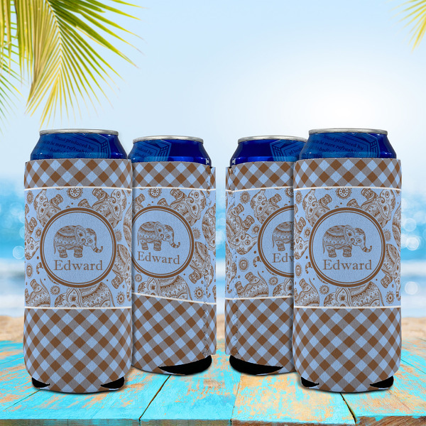Gingham & Elephants 16oz Can Sleeve - Set of 4 - LIFESTYLE
