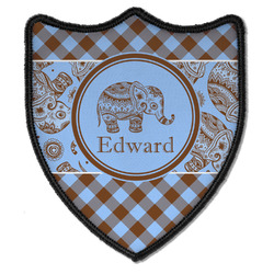 Gingham & Elephants Iron On Shield Patch B w/ Name or Text