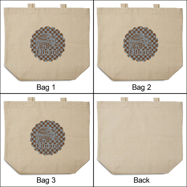 Gingham & Elephants 3 Reusable Cotton Grocery Bags - Front & Back View