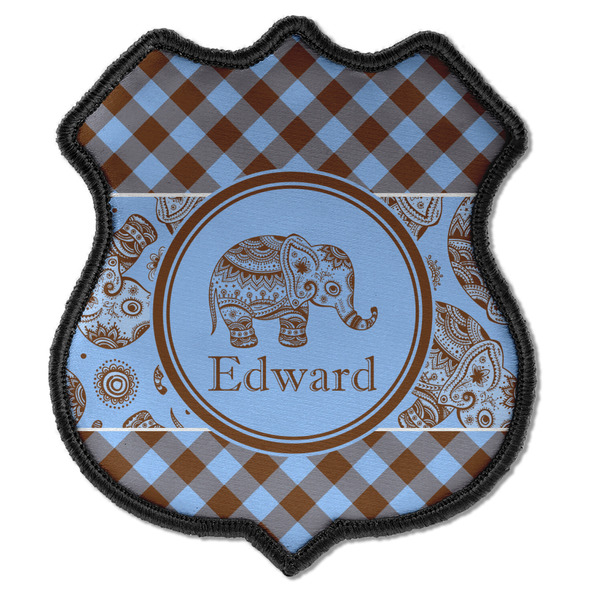 Custom Gingham & Elephants Iron On Shield Patch C w/ Name or Text