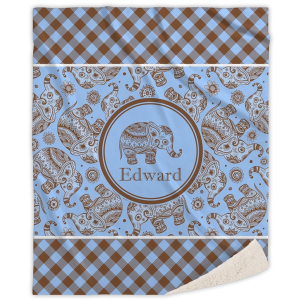 Custom Gingham & Elephants Sherpa Throw Blanket - 60"x80" (Personalized)